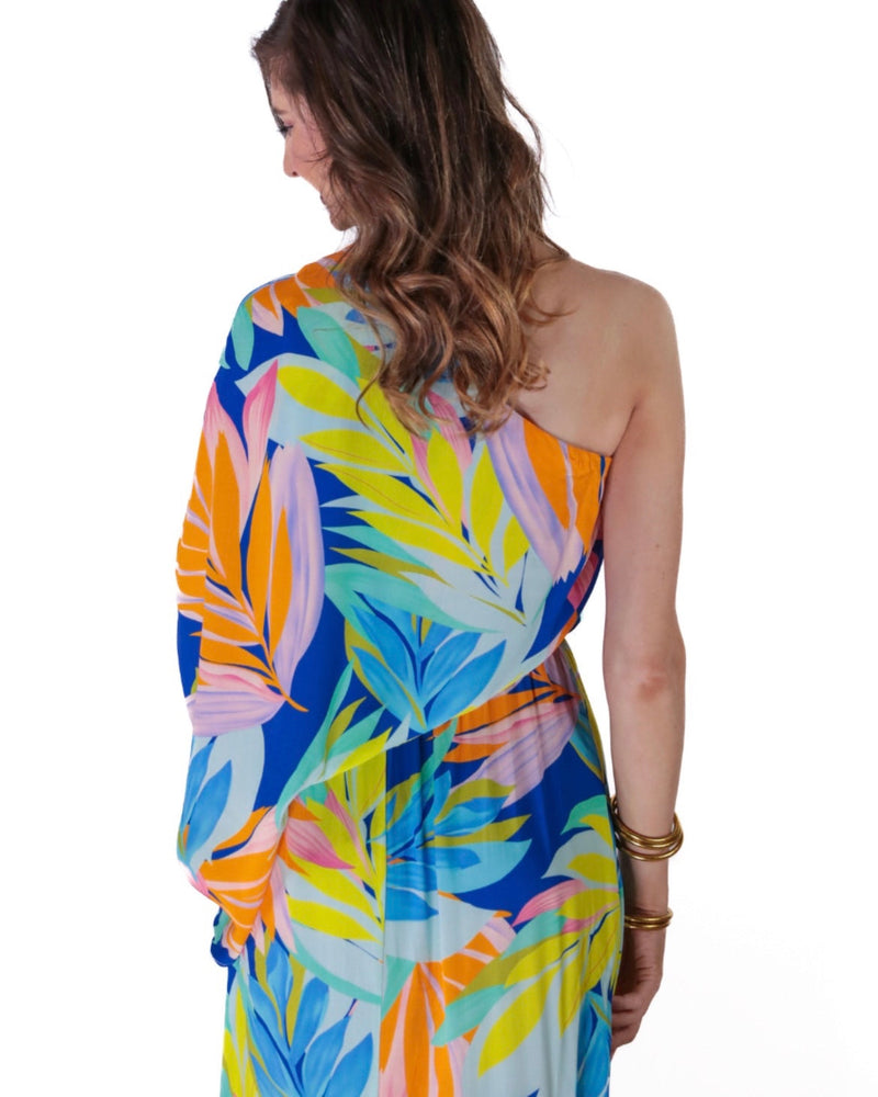 Beautiful Tropical Leaf Multi Color One Shoulder Maxi Dress