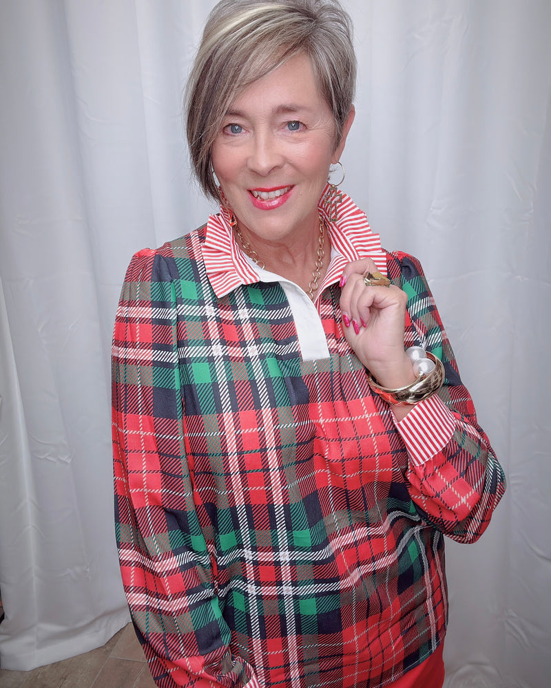 Red, White & Black Plaid Long Sleeve Contrast Stripe Ruffle Neck Blouse Top