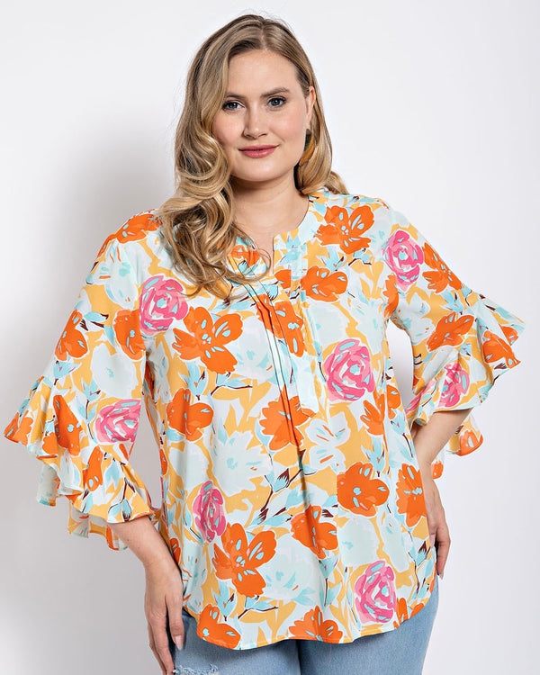 Plus Size Orange, Pink with Blue Floral Print Ruffled Bell Sleeve Woven Top