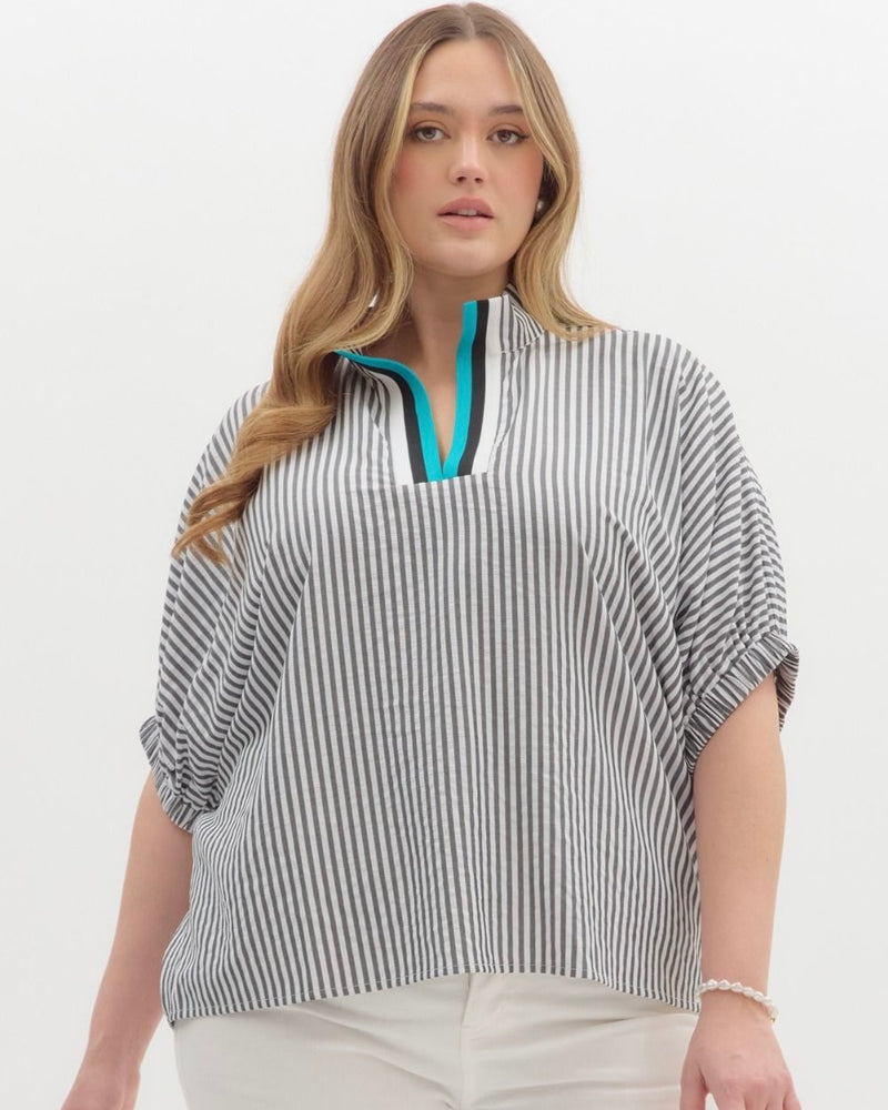 Black & White Vertical Striped 3/4 Balloon Sleeve Open Contrasting Neck Top