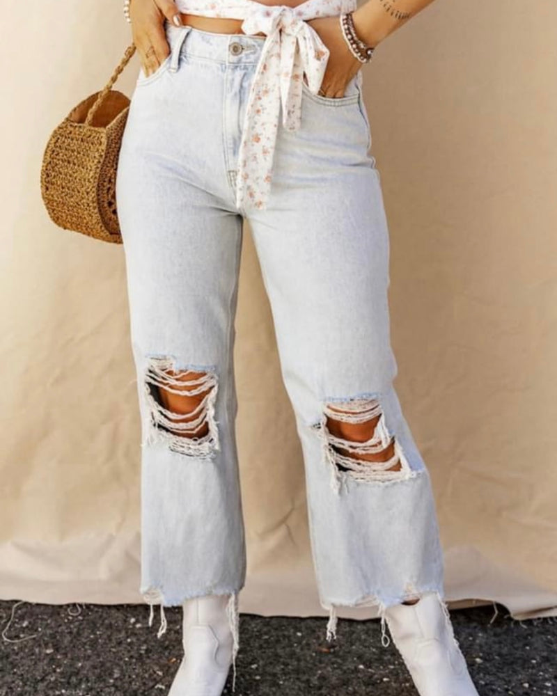 Light Wash High Rise Distressed Knee Crop Frayed Straight Leg Jeans