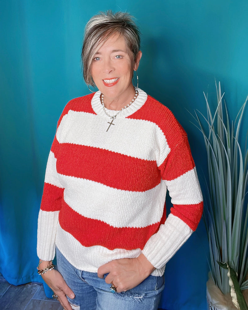 Bold Red & White Large Stripe Print Crew Neck Long Sleeve Sweater