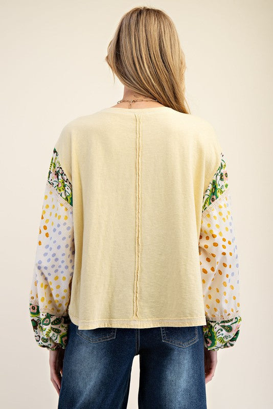 Plus Size Peach or Yellow Cotton Outside Stitch Jersey Top w/Mix Dot/Floral Print Puff Long Sleeve