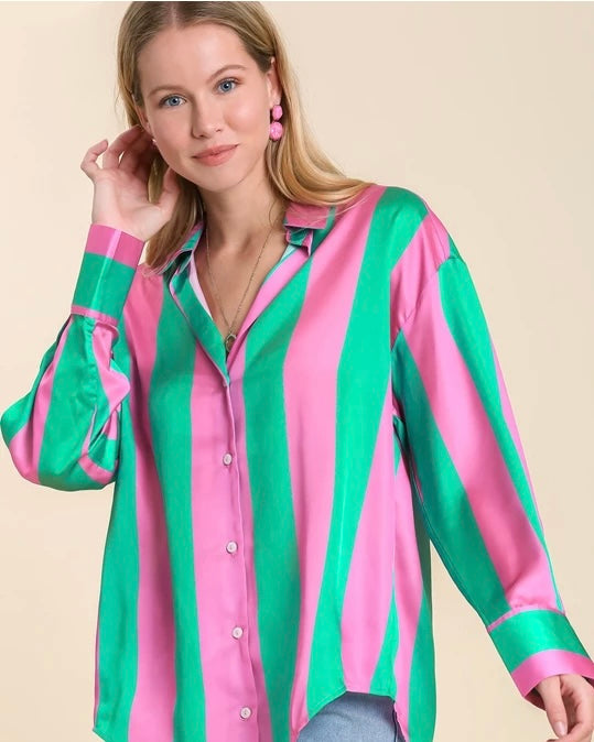 Plus Size Green & Pink or Blue & White Bold Striped Satin Long Sleeve Top