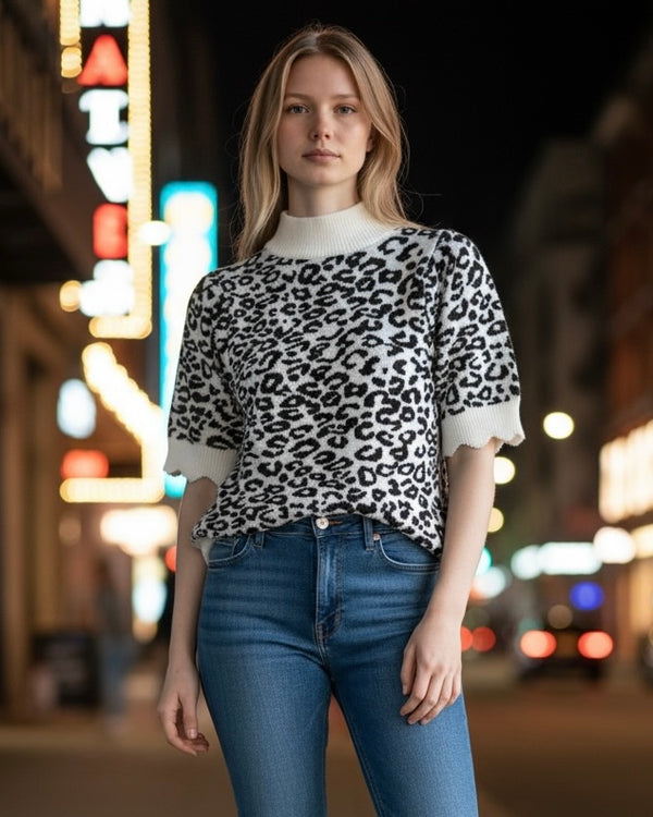 Brown & Cream Leopard Print Short Scallop Sleeve Sweater Knit Top