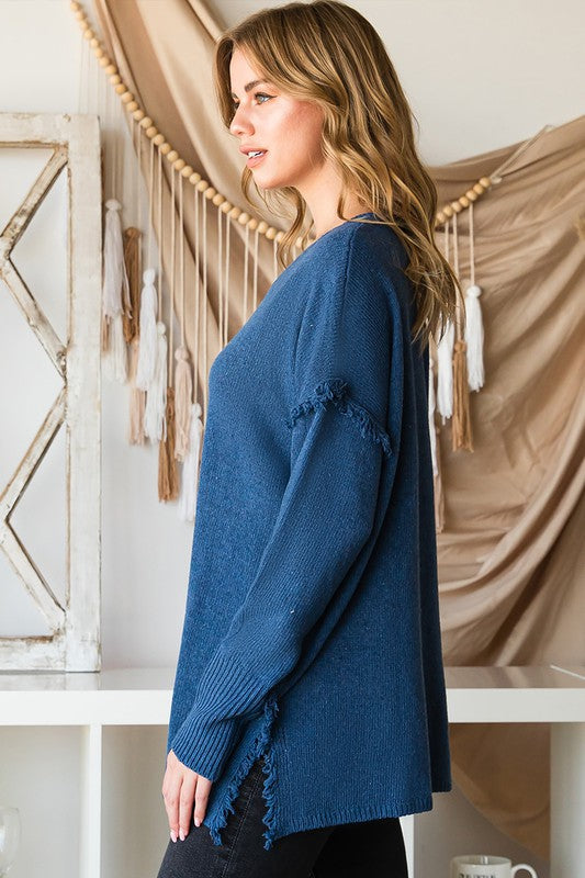 DOOR BUSTER Deep Solid Blue or Khaki Tan Fringe Shoulder Button Neck Long Sleeve Sweater Knit Top