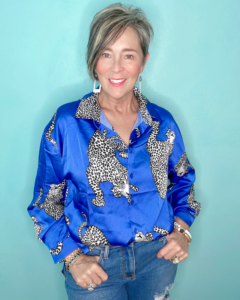 Electric Blue & Black Cheetah Long Sleeve Button Down Blouse