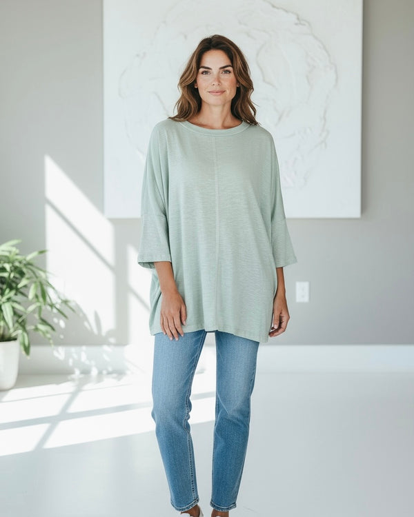 Light Green 3/4 Sleeve Stitched Round Neck T-Shirt