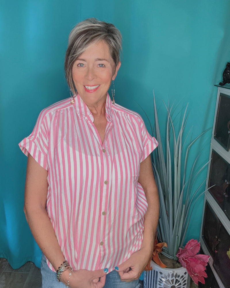 Pink & White Striped Collared Button Down Short Cap Sleeve Top