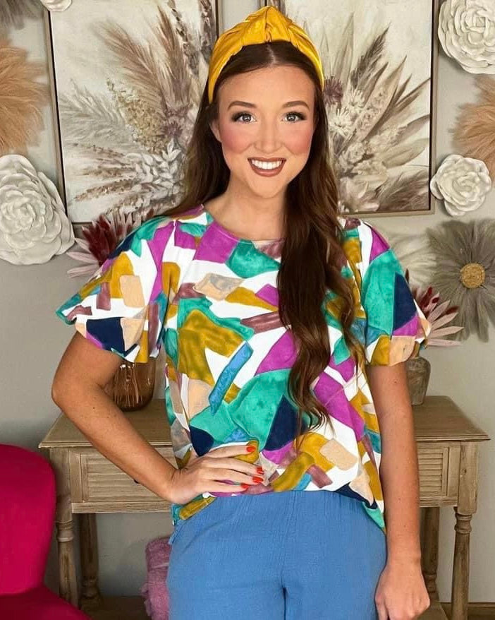 Teal, Purple, Gold & Blue Paint Abstract Puff Bubble Short Sleeve Top