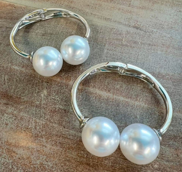 Gold or Silver Tone Large Double Pearl Bangle Hinged Bracelet