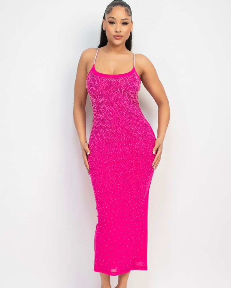 Hot Pink Heat Seal Studded Body Con Style Spaghetti Strap Midi Dress