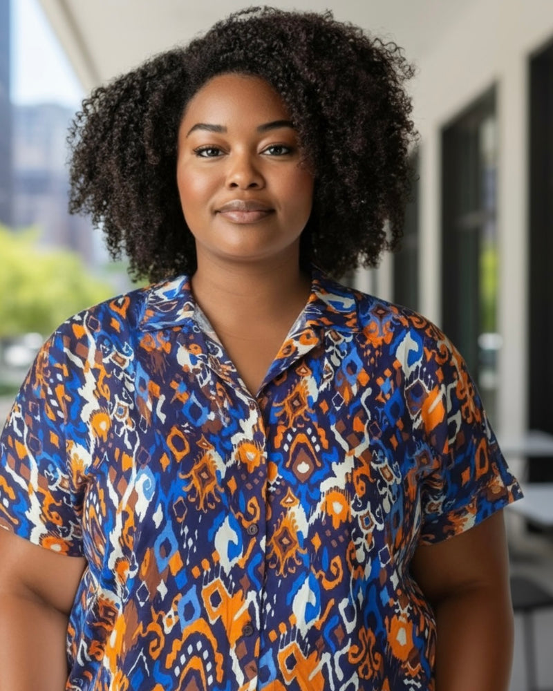 Plus Size Blue, Gold & Black Abstract Button Short Kimono Sleeve Top