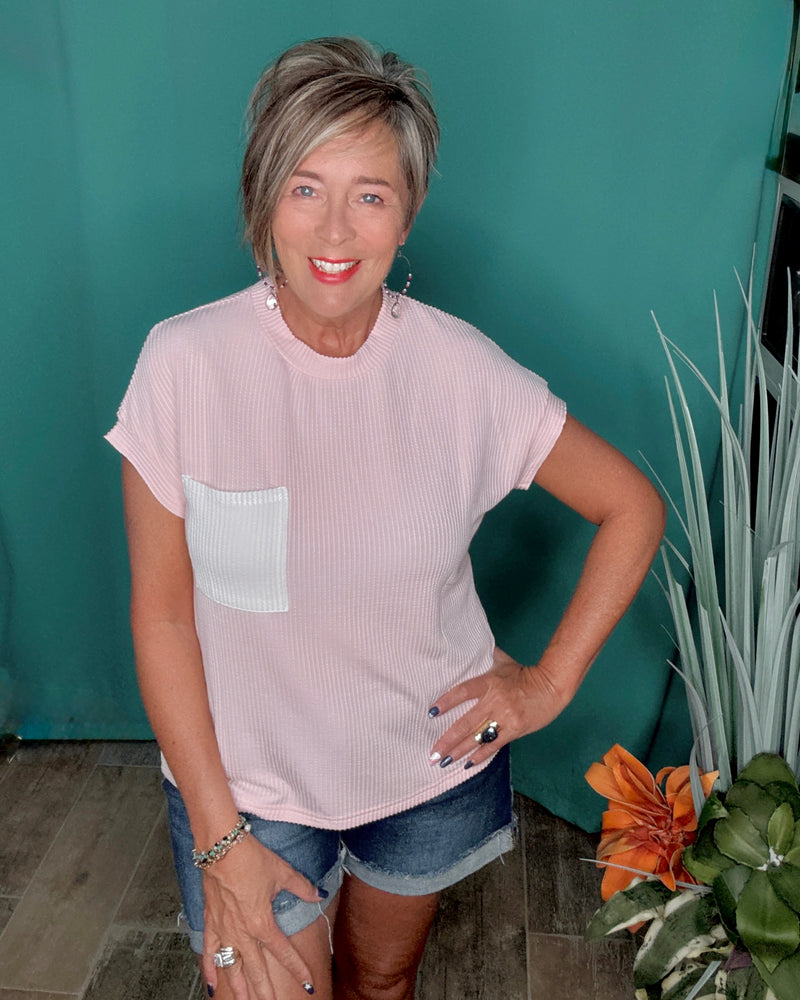 Pink Ribbed Short Sleeve Contrasting Chest Pocket Top