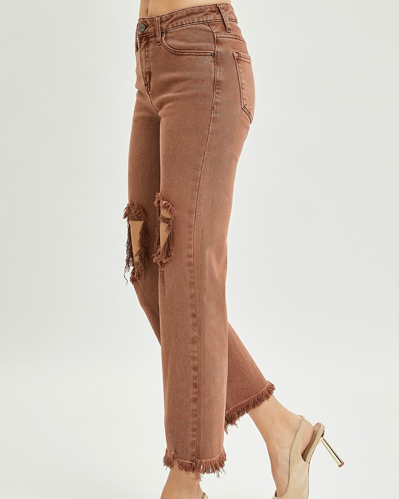 Moss Green or Expresso Brown High Rise Stretch Colored Straight Leg Ankle Frey Jeans Denim Pants