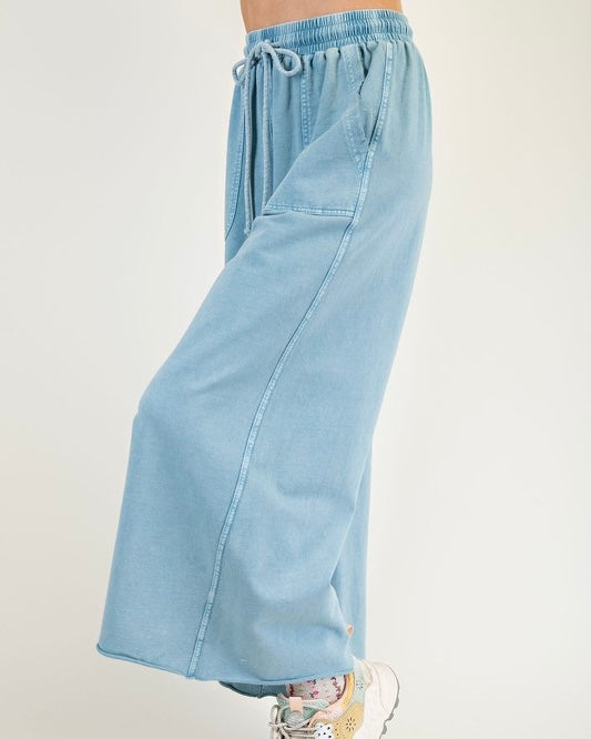Plus Size Mineral Washed Terry Knit Large Pocket Wide Leg Cargo Lounge Pants