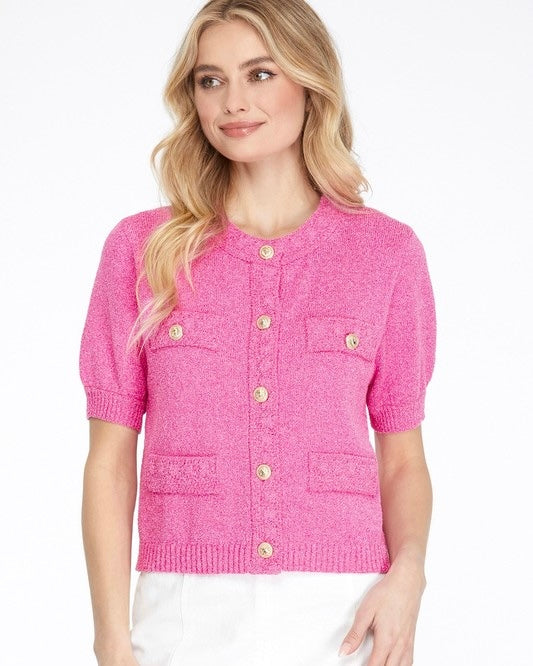 Pink, Cream or Blue Gold Button Front Short Sleeve Sweater Top
