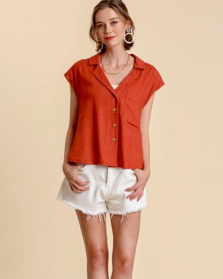 Teal Green or Brick Red Button Down Linen Blend Short Sleeve