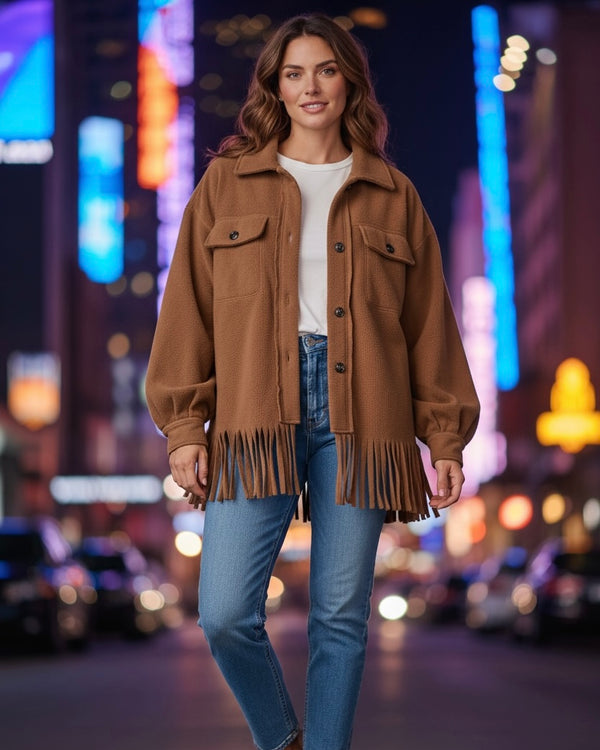 Solid Brown Fleece Button Down Fringe Long Sleeve Oversize Shirt Jacket