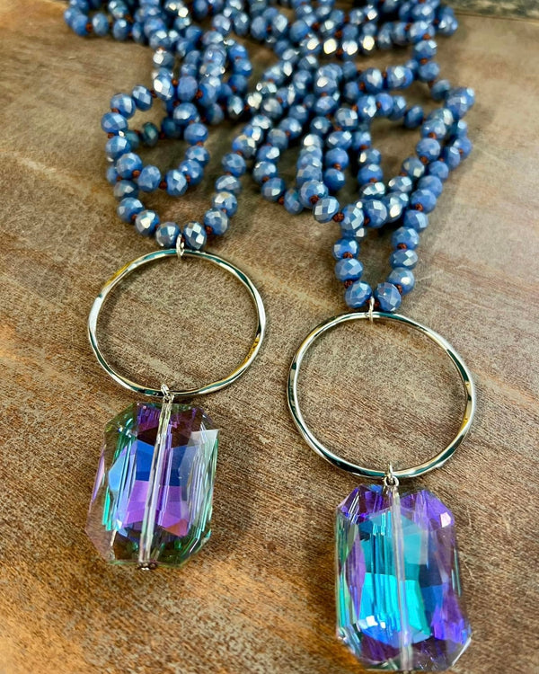 Neutral Sparkling Bead Long Necklace with Ring & Rectangle Crystal Pendant