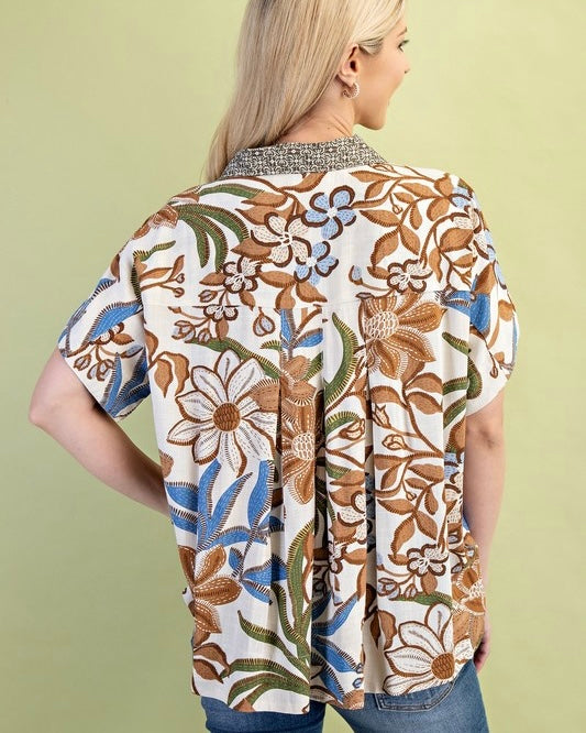 Mixed Contrasting Floral Print Brown or Crimson Button Down Short Sleeve Top