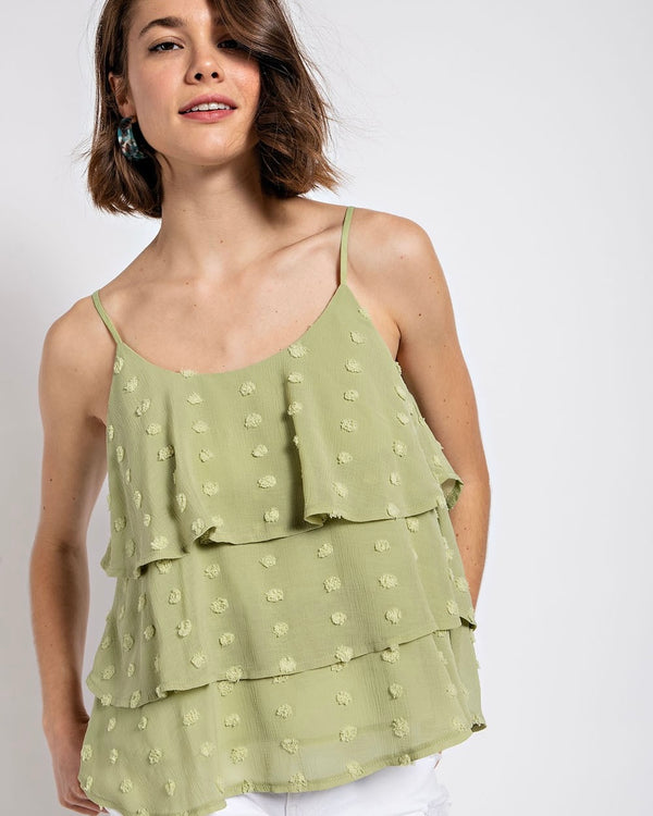 Sage Green Swiss Dot Layered Ruffle Adjustable Spaghetti Strap Tank