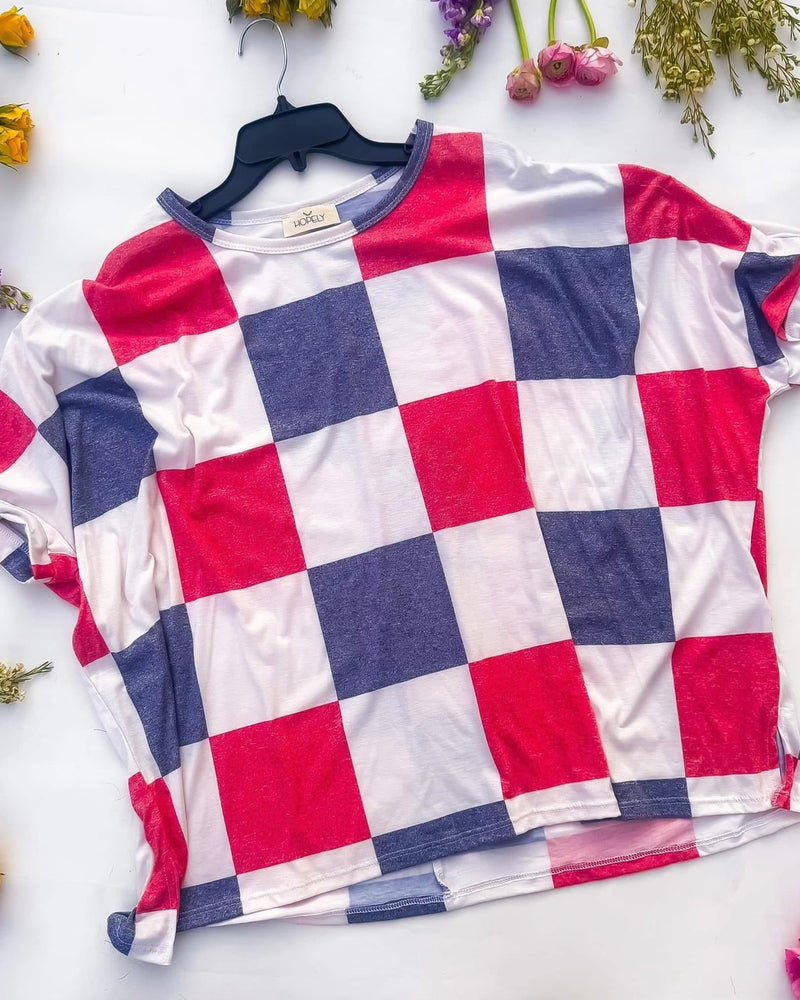 Plus Size Faded RWB Checkered Red, White & Blue Short Sleeve T-Shirt Top