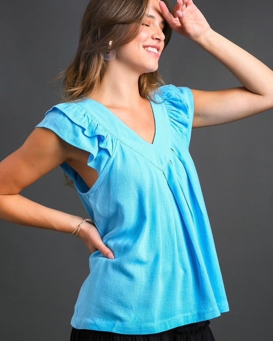 Blue or Coral Sleeveless Ruffle VNeck Pleated Top