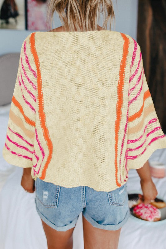 Lightweight Multi Striped Dolman 3/4 Sleeve Sweater