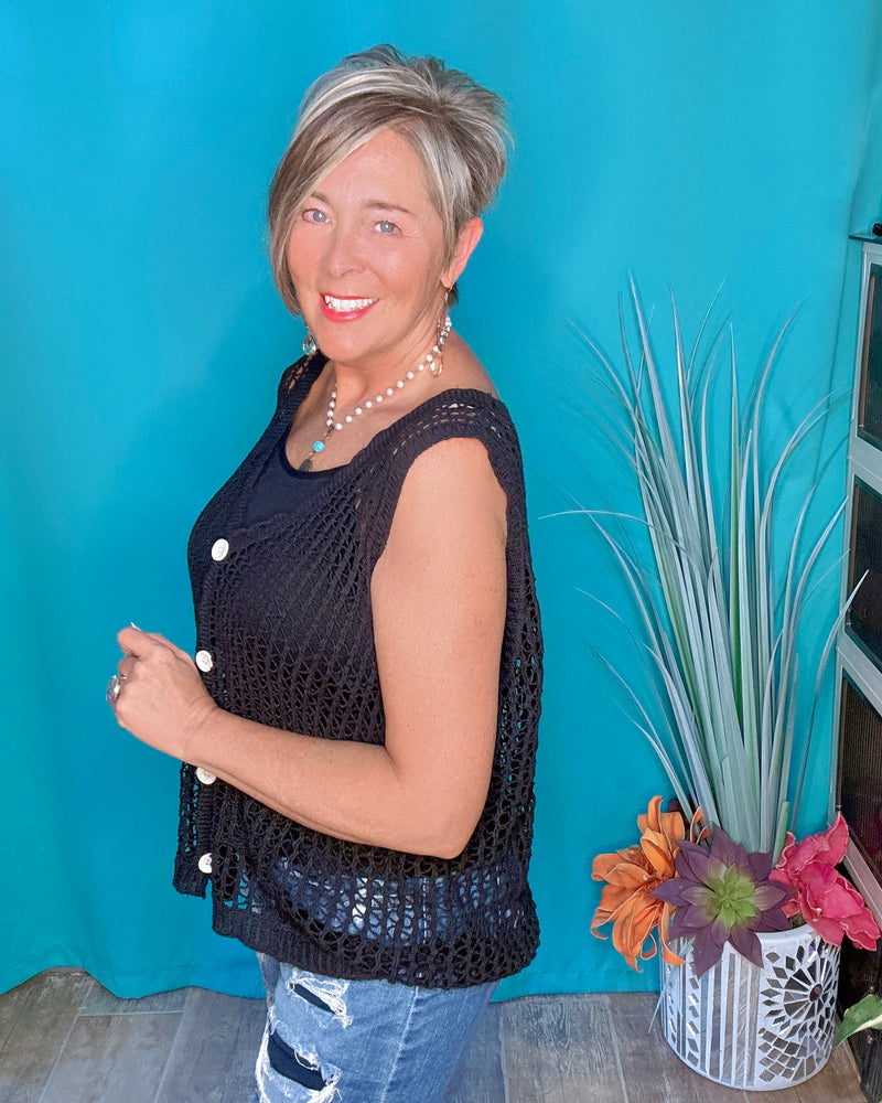Black Hollowed Out Sleeveless Button Down Sweater Vest Top
