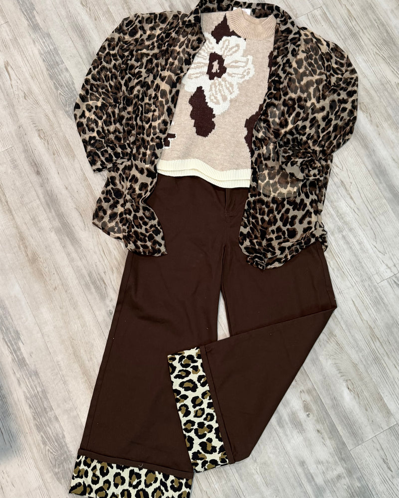Brown or Khaki Leopard Cuff High Waist Button Fly Wide Leg Pants