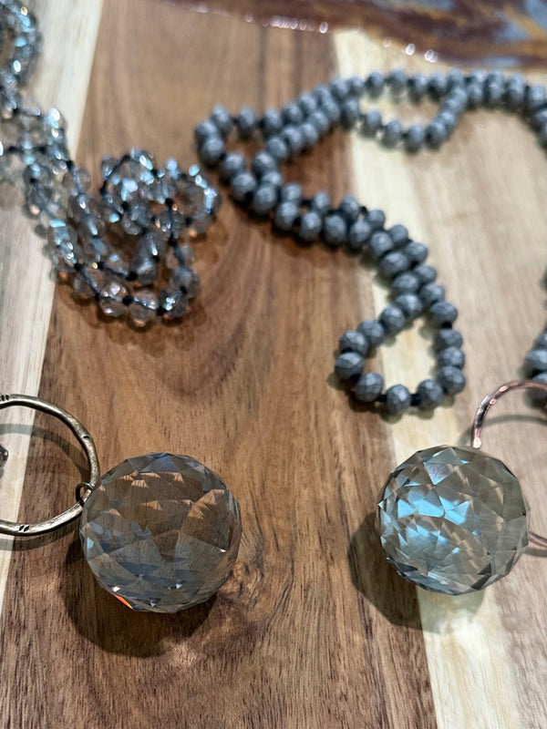 Grey Sparkling Bead Long Necklace with Ring & Round Ball Crystal Pendant