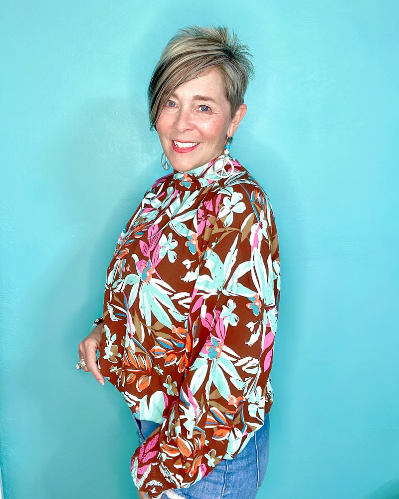 Mocha Brown or White Tropical Print Long Sleeve Challis Mock Neck Blouse