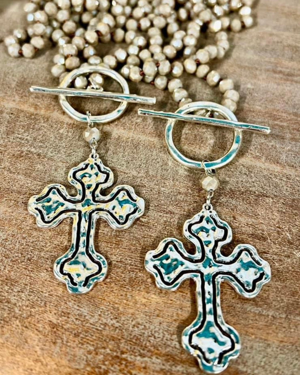 Long Gray Bead Style Necklace with Silver Cross Pendant