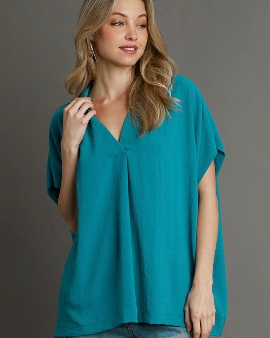 Solid Turquoise Teal Blue Boxy Cut Oversize Collared Dolman Sleeve Top