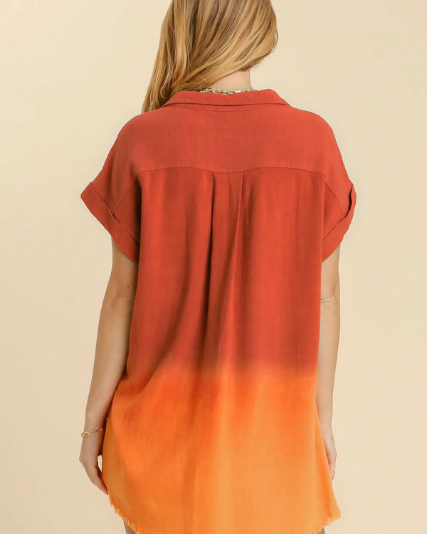 Plus Size Coral & Red or Mint & Yellow Ombre' Button Down Short Sleeve Fray Edge Top