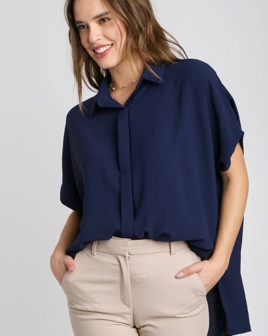 Pumpkin, Black, Pink, Red, Teal or Purple Flowy Boxy Short Sleeve Button Front Blouse