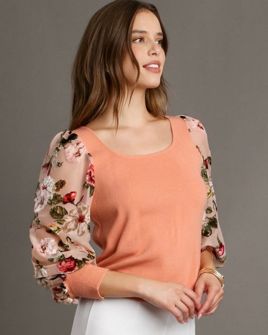 Apricot Square Neck Ribbed w/Floral Velvet Burnout Balloon Sleeve Top