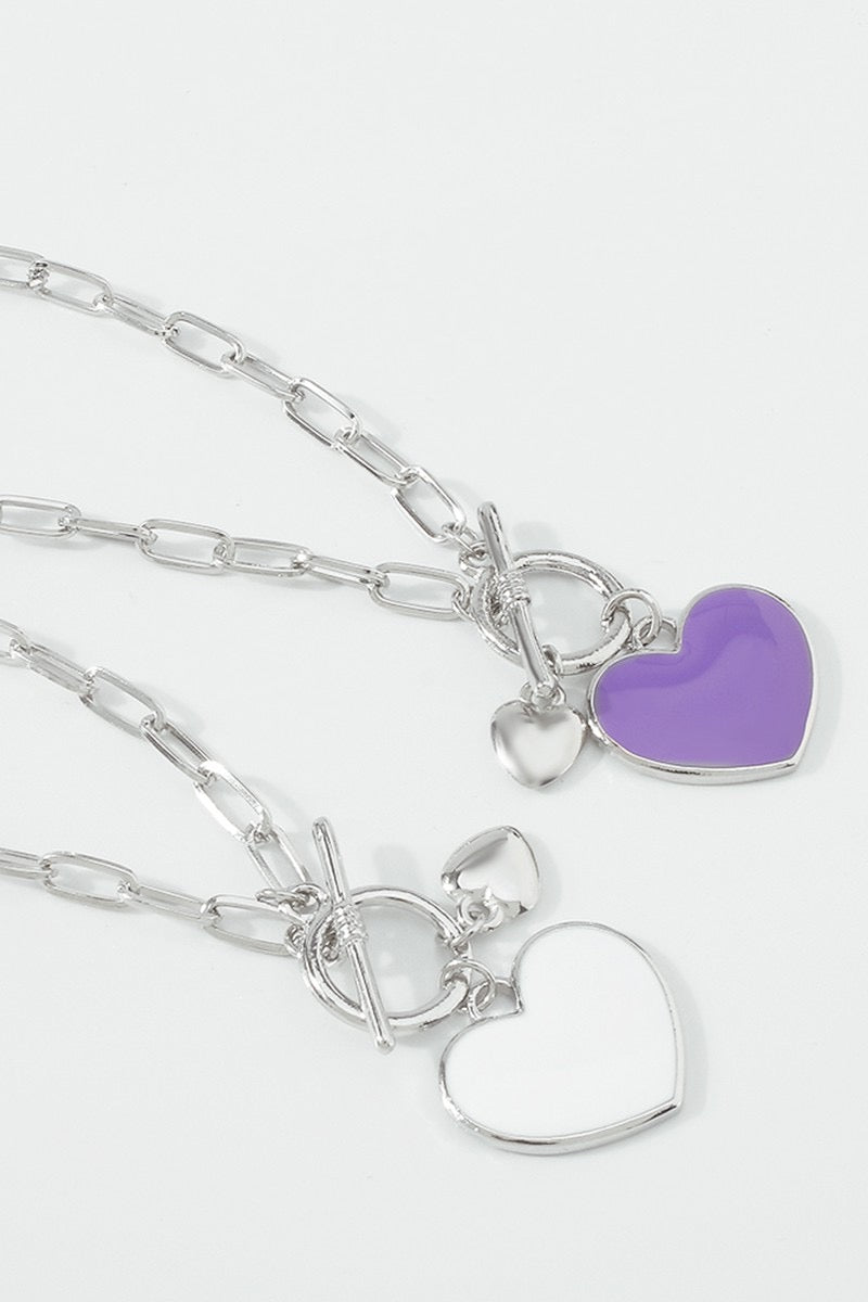 Black, White or Purple Heart Pendant on Toggle Silver or Gold Tone Necklace