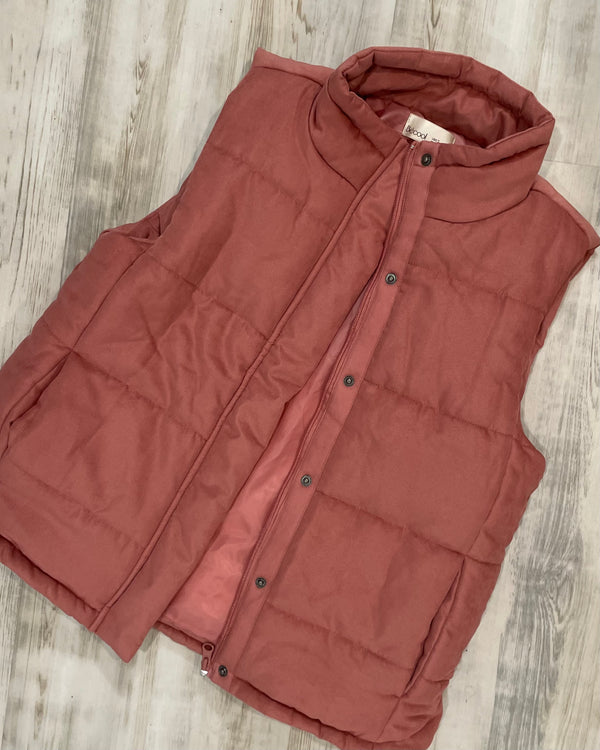 Mauve Rose High Neck Snap & Zip Front Quilted Puff Vest