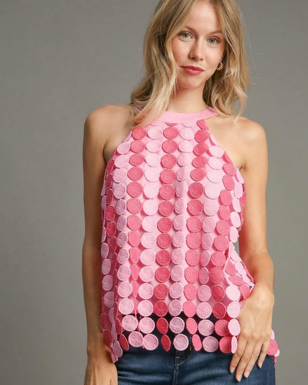 Two Tone Pink Dot Lace Circle Sleeveless Back Tie Halter Tank Top