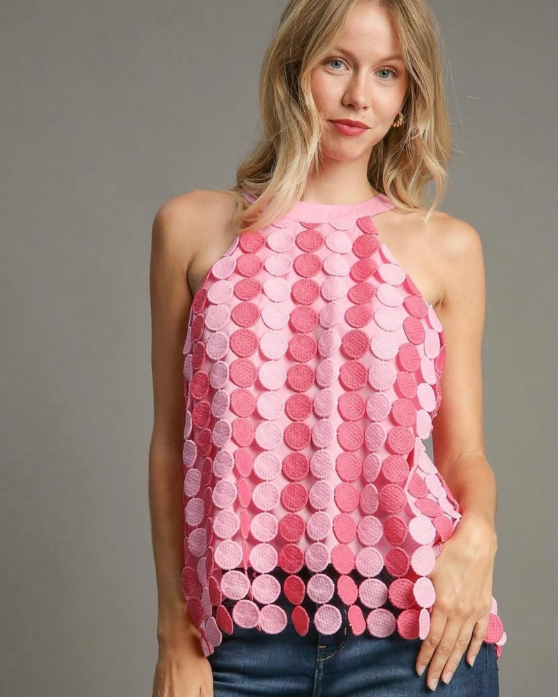 Two Tone Pink Dot Lace Circle Sleeveless Back Tie Halter Tank Top
