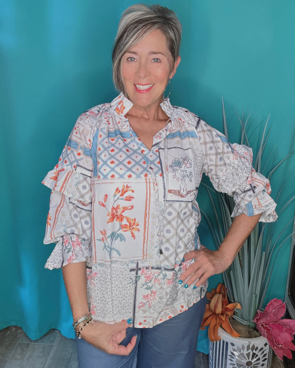 Spring Garden Floral Ruffle Sleeve Tied Neck Blouse