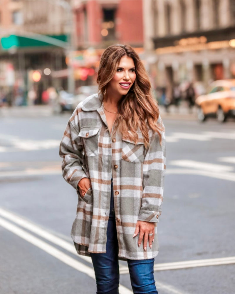 Brown and Gray Button Down Pocket Plaid Shacket