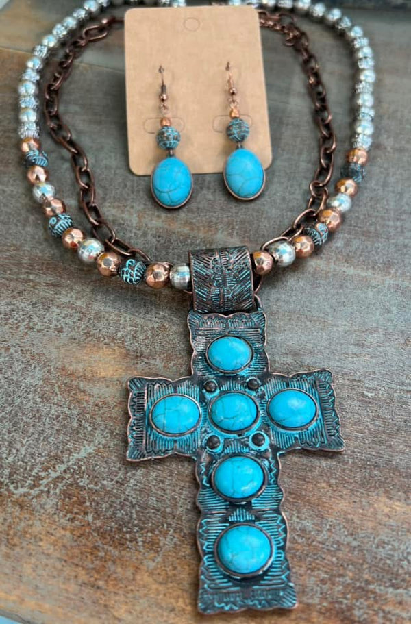 Double Strand Copper Link Chain & Silver & Copper Bead Necklace w/Large Faux Turquoise & Copper Cross Pendant