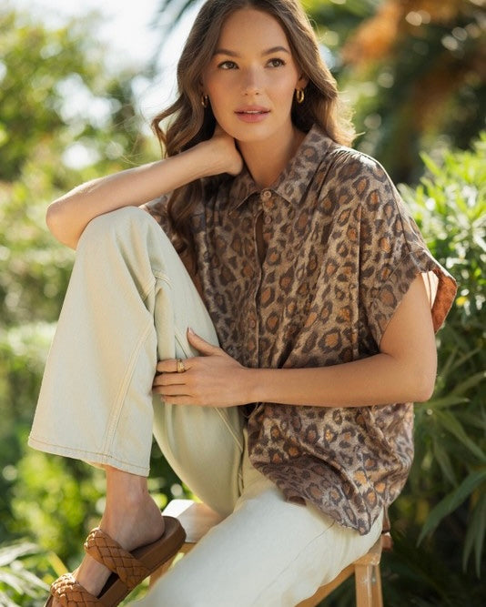 Leopard Print Metallic Collared Button Down Short Sleeve Top