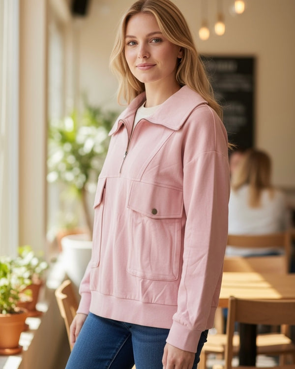 Blush Pink Large Front Pocket Zip Neck Long Sleeve Pullover Top