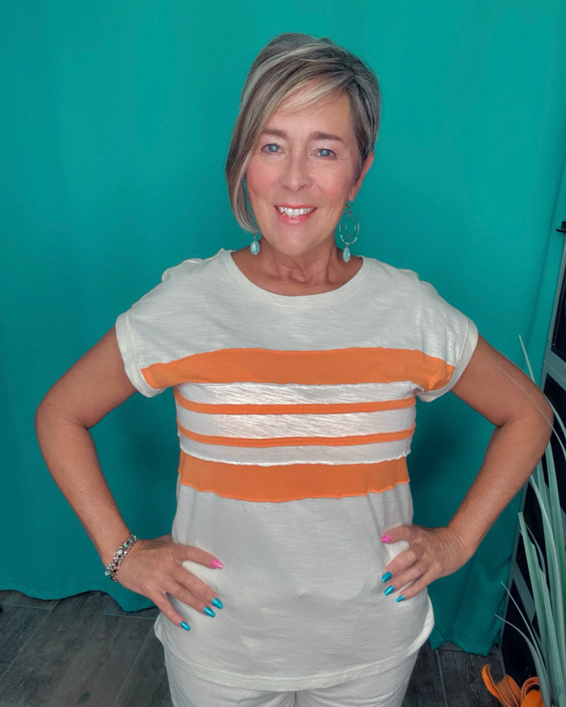 Cream Orange Stripe Short Sleeve Pullover Top