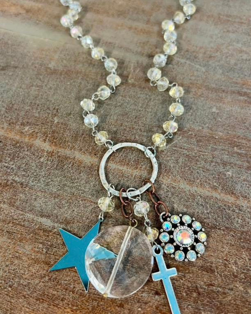 Clear Sparkle Beads Ring Charm Necklace