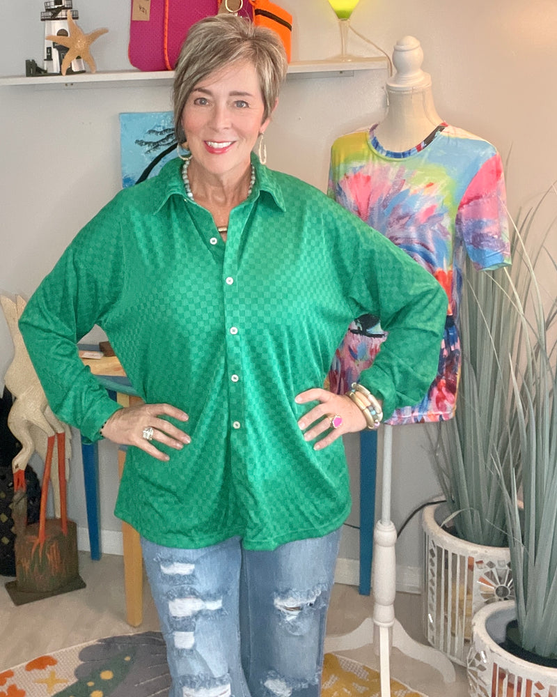 Kelly Green Subtle Checkerboard Print Long Sleeve Button Down Blouse